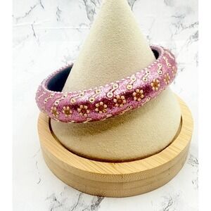Pink Glitter Beaded Floral Bangle Bracelet Gold Tone Sequins 8 Inch